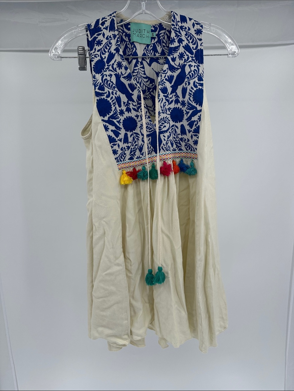 Judith March Cream Sundress with Blue Embroidered Yoke and Multicolor Tassels